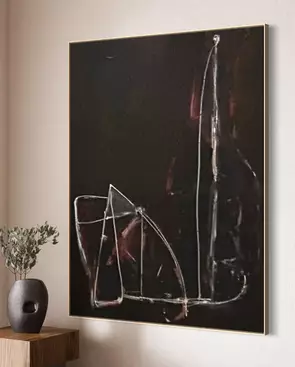 Abstract of figure shape in white line drawing style on black and muted background.