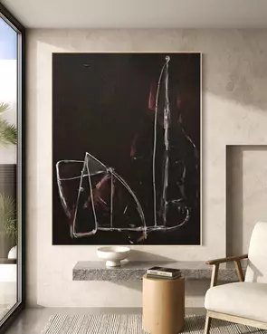Abstract of figure shape in white line drawing style on black and muted background.