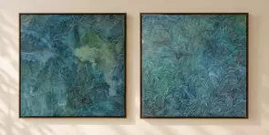 Each painting measures 91 × 91 × 4 cm. A palette of soft turquoise, ocean blue, and muted green creates a calming, atmospher…