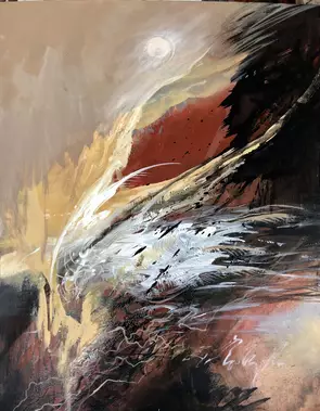 A depiction of a bird spirit flying through the air, done in earthy colors. Its an abstract painted with much feeling.