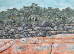 Orange covered rocks and grey rocks and trees.
