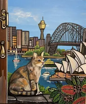 In this playful celebration of Australia's most iconic harbour city, a curious cat takes centre stage overlooking the sparkl…