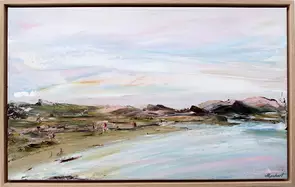 Pretty dusk falling over pastel coastline and ocean