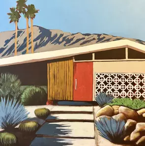 Bold palm spring mid century style home with a bright orange door and unique architectural qualities of the period.