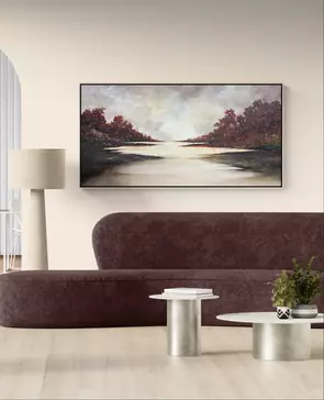 Where The Earth Holds Your Heart is a tranquil abstract landscape with soft neutral toned clouds, peaceful water, trees in b…