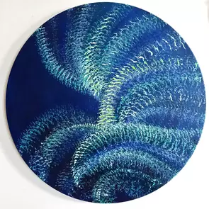 Circular abstract painting titled Flight, inspired by Hans Zimmer’s Interstellar soundtrack. The round composition evokes a …