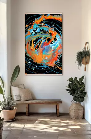 Image Composition and Visual Layout • Central Focal Point: A dense, swirling vortex of brightly colored acrylic paint domina…