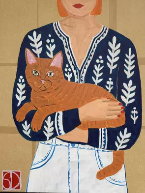 Contemporary figurative painting of a woman holding a ginger tabby cat with green eyes\. The woman wears a deep navy blue bl…