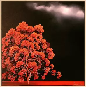 A square landscape painting of a red tree and dark clouds, highlighted by light coming through the clouds, an original oil p…