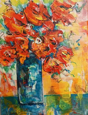 A small painting, not framed but ready to hang. A bright pop of colour for a wall.