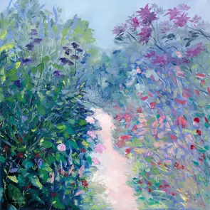 Immerse yourself in the enchanting beauty of 'Love Blooms Here', a charming cottage garden pathway inspired by Monet's garde…