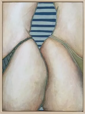 A framed painting of two figures seen from behind, close together, wearing bathers. Soft skin tones, one in dark stripes and…