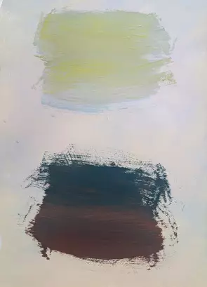 A pale green brushstroke above a dark teal and brown brushstroke.