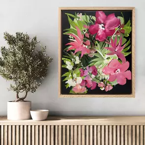 small pink, green and black abstract flower painting