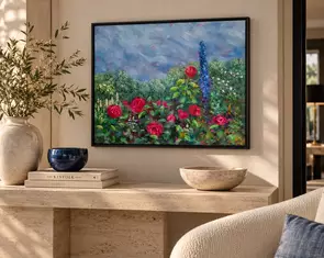 The painting is of a luscious garden filled with various flowers. It's done in an impressionist style. The sky reminds me of…