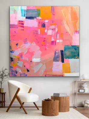 Abstract painting with layered blocks and brushstrokes in vivid coral pink, peach, orange, turquoise, pale blue and navy. A …