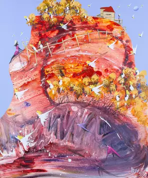 The Wiggly World by Adam Bogusz, expressive acrylic painting on MDF board. A great swirling hill of red, orange, pink and pu…