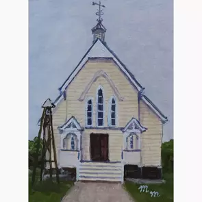 A miniature painting of the outside of a heritage church in rural Queensland.