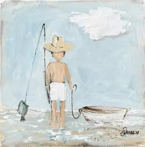 Figurative nautical painting of a young boy out fishing.