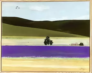 A semi abstract painting with some rolling green hills a homestead, some crops and a strip of Patersons curse taking centre …