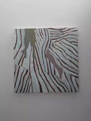 A painting depicting a dog and human tangled up in bedsheets from and aerial point of view