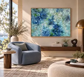 Large contemporary abstract painting featuring flowing layers of deep ocean blue, turquoise, aqua, emerald green, seafoam an…