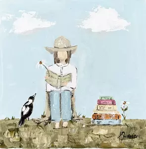Original Farmhouse painting featuring a girl reading with a magpie