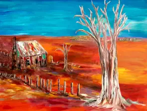 Abandoned homestead in a stark and brilliant Australian outback setting