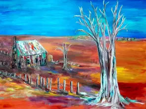Abandoned homestead in a stark and brilliant Australian outback setting