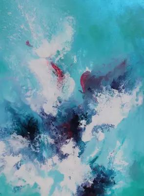 An expressive abstract painting featuring vibrant turquoise and aqua blues, swirling white textures, deep navy shadows and s…