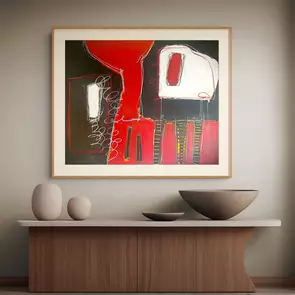 An abstract mixed-media painting features a stark black background dominated by bold, heavily textured shapes in crimson red…