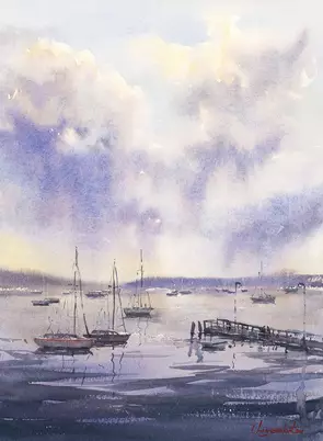painting of dramatic sky over water with boats