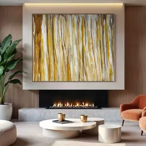 bold layered marks in white, brown, yellow and brown across a large canvas.