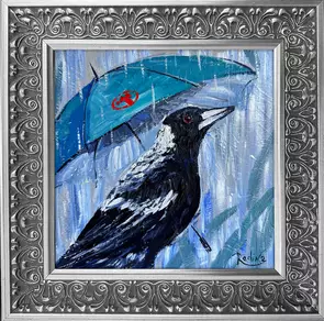 An original Australian magpie painting in rainy day with Bunnings umbrella. This expressive artwork captures a quiet moment …