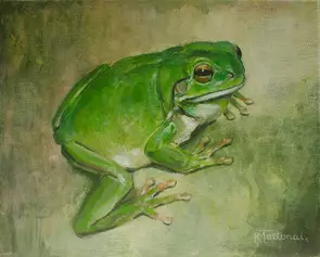 A detailed realism painting of an old green tree frog with golden eyes, pale underbelly, and visible webbing on its feet, se…