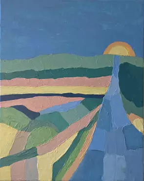 A long gray road below a yellow sun, with multi coloured fields.