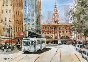 Elizabeth Street Melbourne is an original watercolour painting painted with quality artist materials.