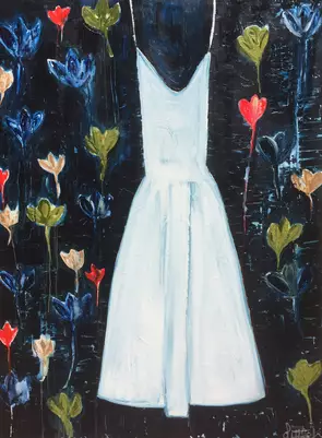 White dress with colourful flower background