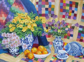 Blue and white china vases and dishes with flowers and fruit and patchwork