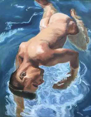 Underwater male nude by Marc Sandler, Oil