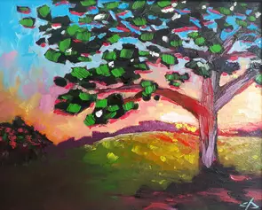 Sunset through leaves, a perspective by Chantelle Dryden, Oil