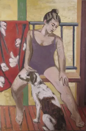 Beach girl and dog by Stephen Leek, Oil