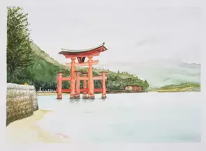 Miyajima 'floating' torii gate, Japan by Rory OBrien, Watercolour