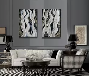 A diptych painting on black background, neutral tones with gold highlights. A flowing painting in abstract expressionist sty…
