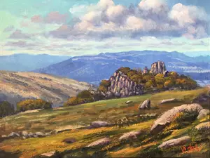 An original landscape oil painting of mountains by Vidal