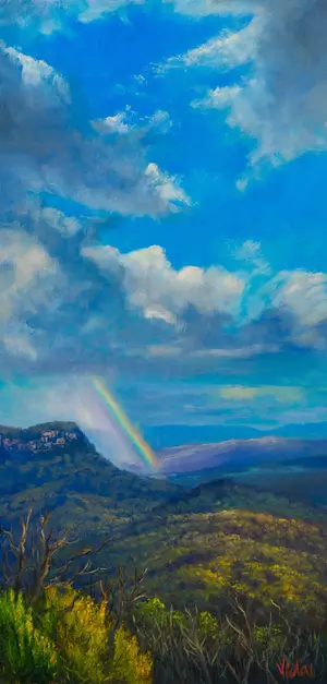 an original landscape painting rainbow after the storm on Blue Mountains by Vidal