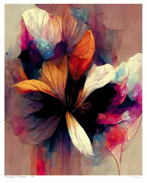 Abstract floral art of orange, pink and cream petals radiating from a dark centre, Bloom series