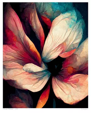 Abstract floral art of bold red, pink and cream petals on black, Bloom series