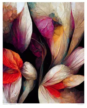 Abstract floral art of pink and orange petals around a dark centre, Bloom series