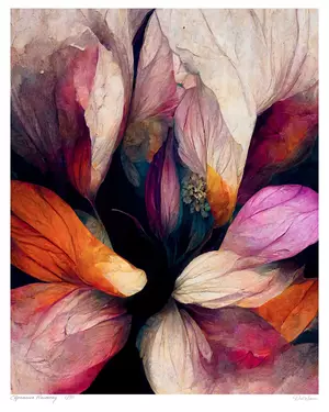 Abstract floral art of pink, magenta and orange petals radiating outward, Bloom series